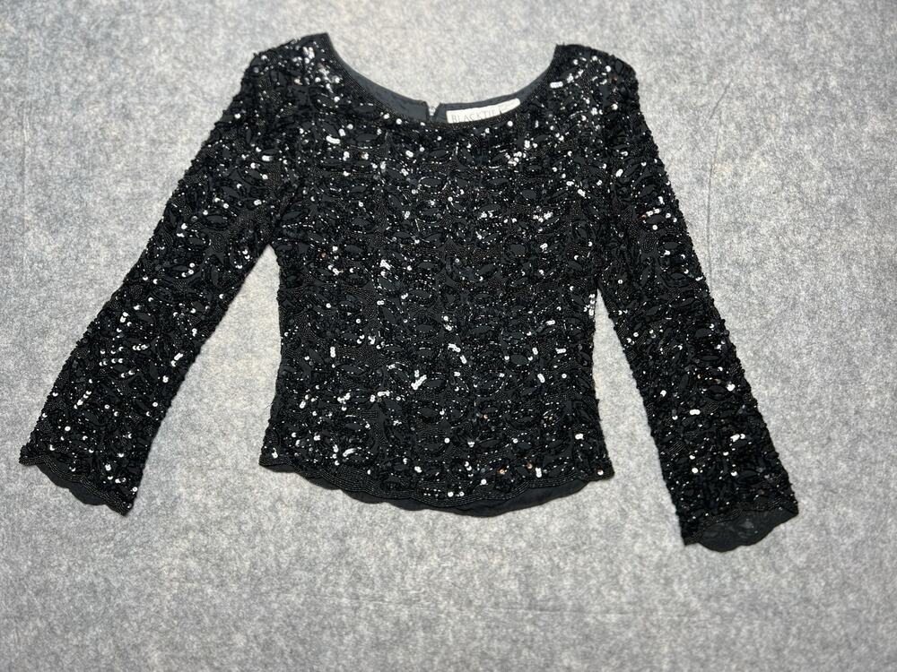 Vtg Black Tie Oleg Cassini Black 100% Silk Beaded Blouse Top Women's Sz 8